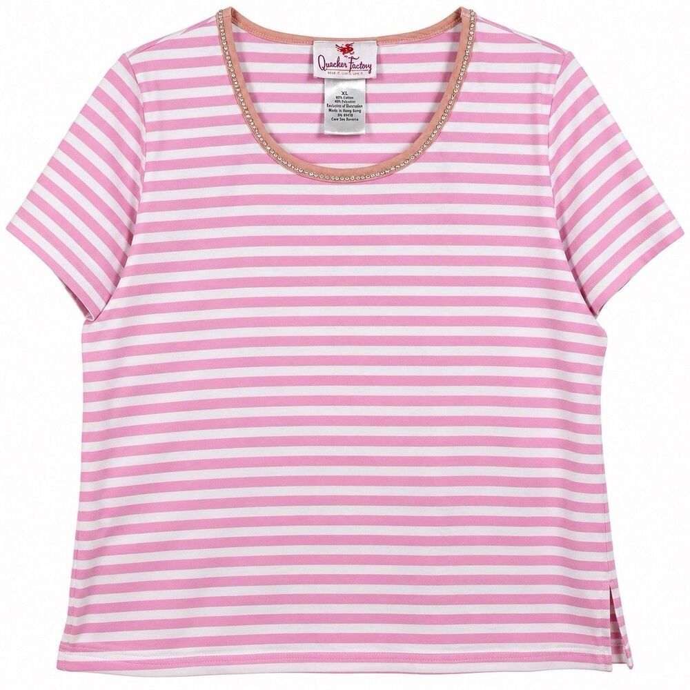 Quacker Factory Womens XL Pink White Stripe Rhinestone Top 100% Cotton QVC